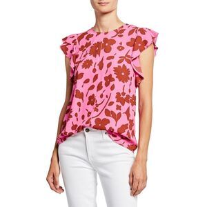 Kate Spade Splash Floral Crewneck Flutter Sleeve Keyhole Top Size Sm Pink Multi